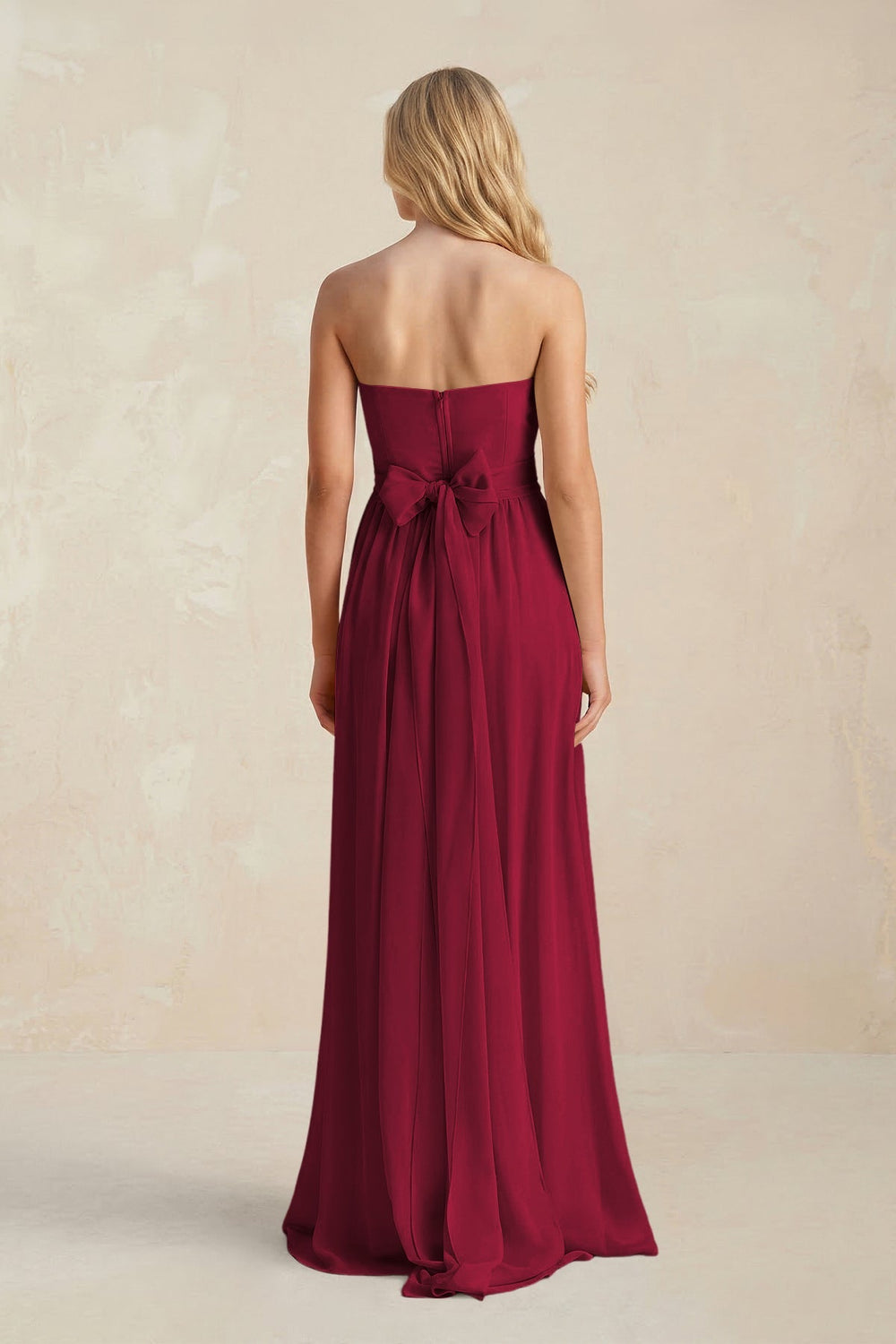 Strapless A - Line Pleated Chiffon Bridesmaid Dress With Slit in Berry - KISS BRIDAL Bridesmaid Dresses