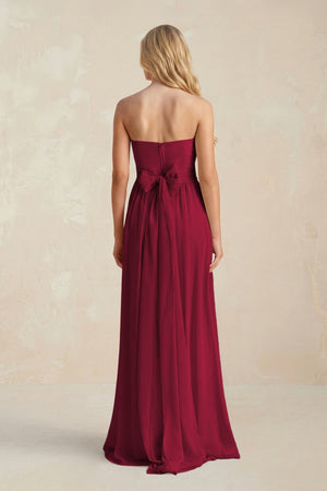 Strapless A - Line Pleated Chiffon Bridesmaid Dress With Slit in Berry - SHE IS ME Bridesmaid Dresses