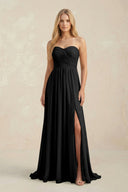 Strapless A - Line Pleated Chiffon Bridesmaid Dress With Slit in Black - SHE IS ME Bridesmaid Dresses