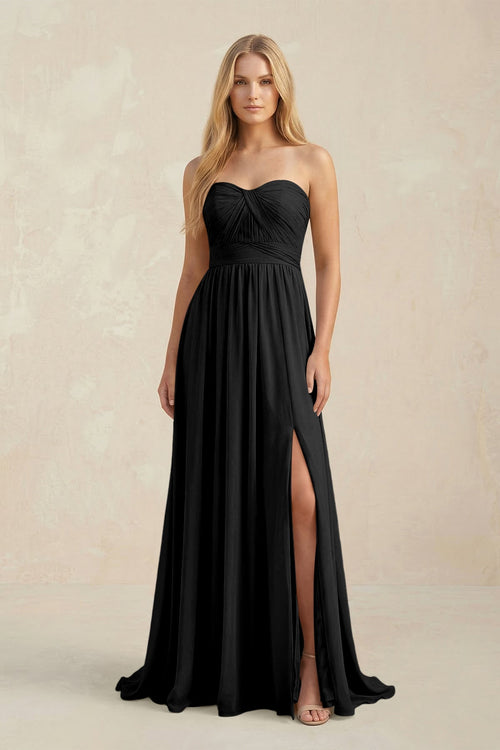 Strapless A - Line Pleated Chiffon Bridesmaid Dress With Slit in Black - SHE IS ME Bridesmaid Dresses