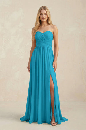 Strapless A - Line Pleated Chiffon Bridesmaid Dress With Slit in Blue Jay - SHE IS ME Bridesmaid Dresses