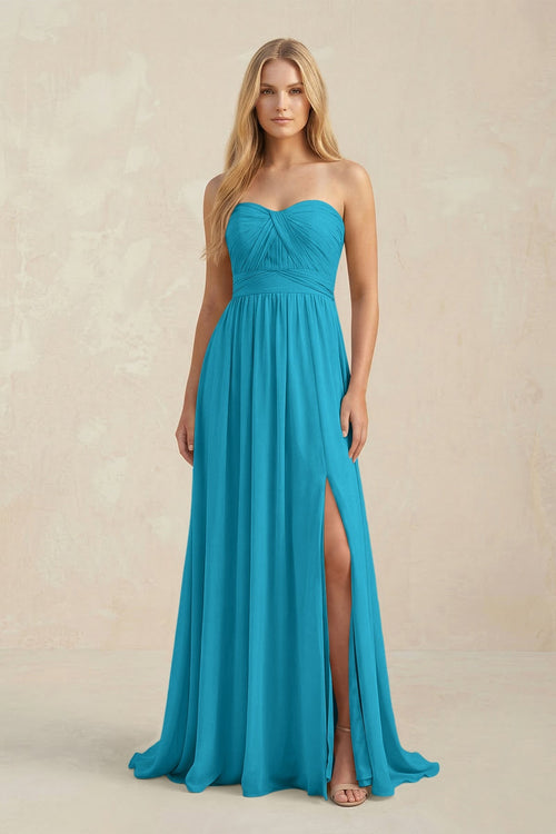 Strapless A - Line Pleated Chiffon Bridesmaid Dress With Slit in Blue Jay - SHE IS ME Bridesmaid Dresses