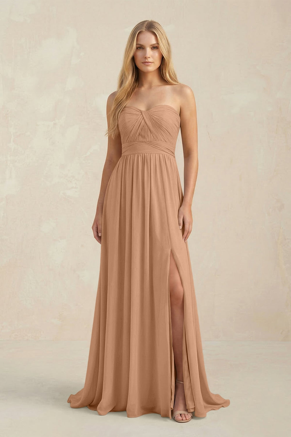 Strapless A - Line Pleated Chiffon Bridesmaid Dress With Slit in Bronzer - KISS BRIDAL Bridesmaid Dresses
