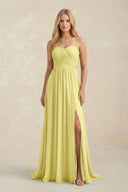 Strapless A - Line Pleated Chiffon Bridesmaid Dress With Slit in Buttercup - SHE IS ME Bridesmaid Dresses