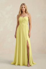 Strapless A - Line Pleated Chiffon Bridesmaid Dress With Slit in Buttercup - KISS BRIDAL Bridesmaid Dresses