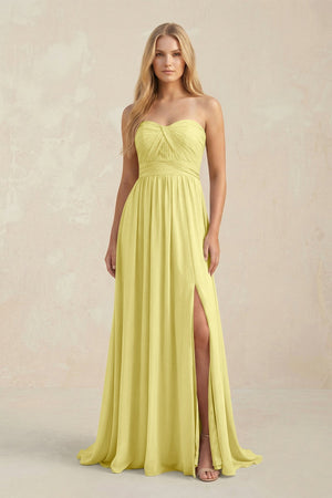 Strapless A - Line Pleated Chiffon Bridesmaid Dress With Slit in Buttercup - SHE IS ME Bridesmaid Dresses