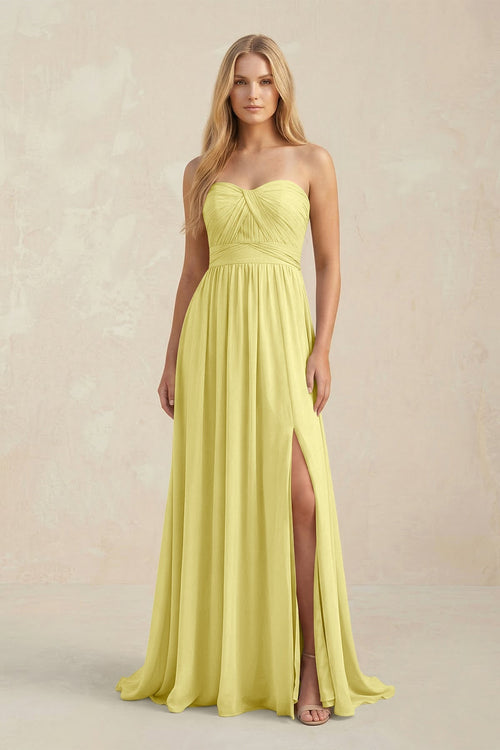 Strapless A - Line Pleated Chiffon Bridesmaid Dress With Slit in Buttercup - SHE IS ME Bridesmaid Dresses