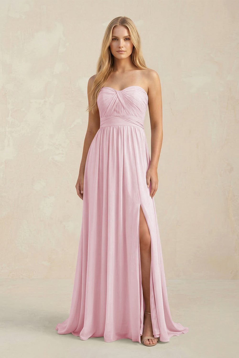 Strapless A - Line Pleated Chiffon Bridesmaid Dress With Slit in Candy Pink - KISS BRIDAL Bridesmaid Dresses