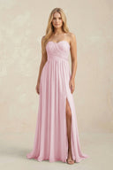 Strapless A - Line Pleated Chiffon Bridesmaid Dress With Slit in Candy Pink - SHE IS ME Bridesmaid Dresses