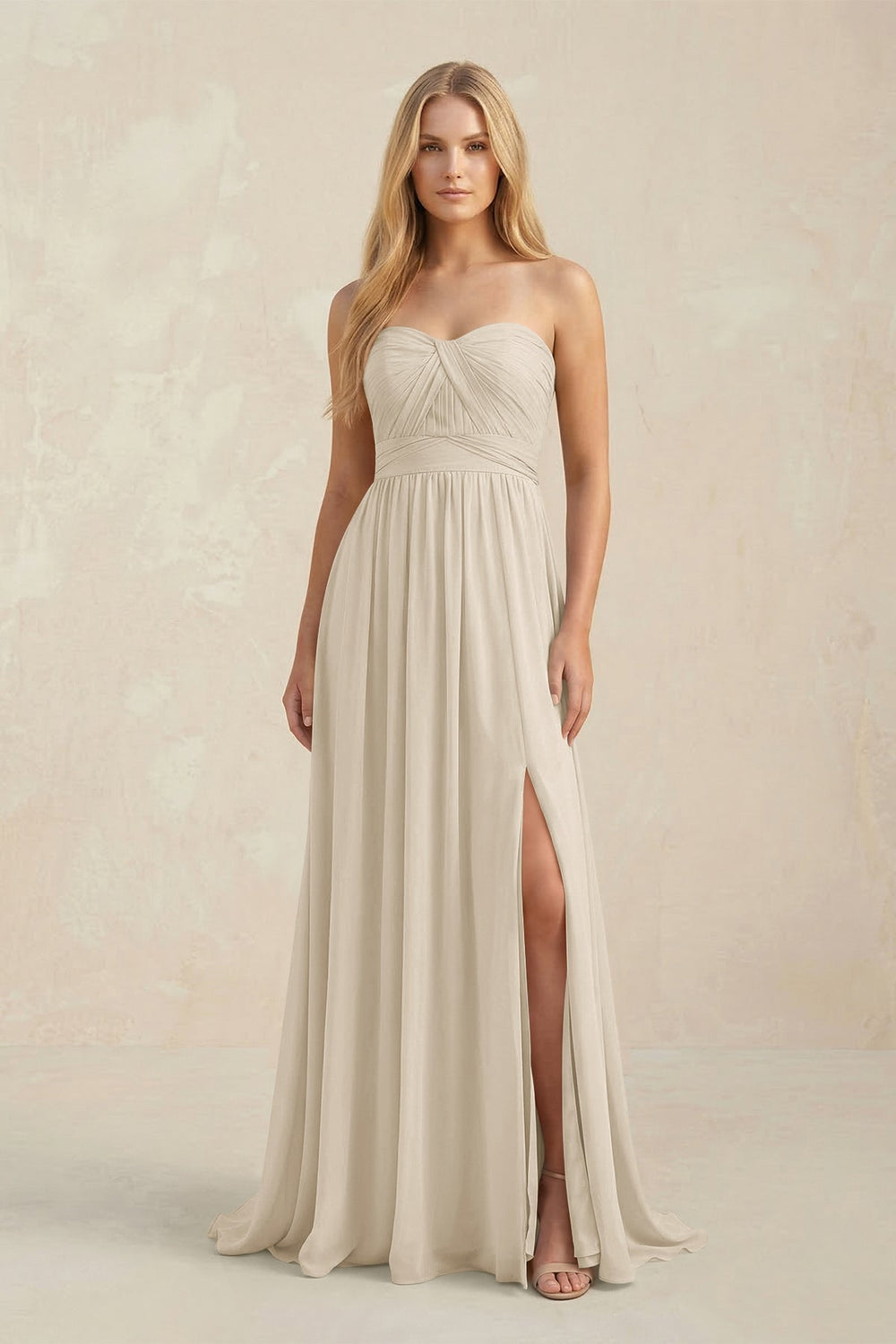Strapless A - Line Pleated Chiffon Bridesmaid Dress With Slit in Champagne - KISS BRIDAL Bridesmaid Dresses