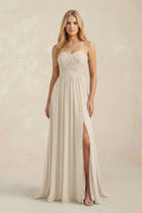Strapless A - Line Pleated Chiffon Bridesmaid Dress With Slit in Champagne - SHE IS ME Bridesmaid Dresses