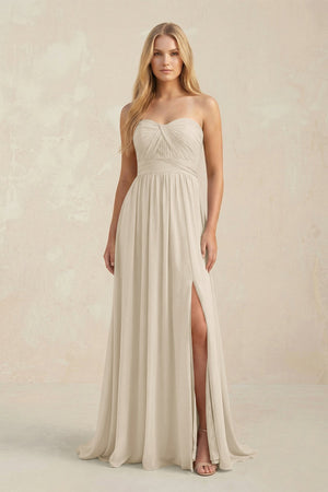 Strapless A - Line Pleated Chiffon Bridesmaid Dress With Slit in Champagne - SHE IS ME Bridesmaid Dresses