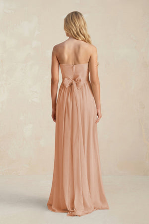 Strapless A - Line Pleated Chiffon Bridesmaid Dress With Slit in Champagne Rose - SHE IS ME Bridesmaid Dresses