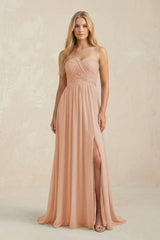 Strapless A - Line Pleated Chiffon Bridesmaid Dress With Slit in Champagne Rose - KISS BRIDAL Bridesmaid Dresses