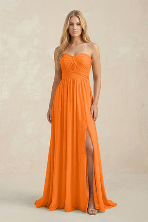 Strapless A - Line Pleated Chiffon Bridesmaid Dress With Slit in Cinnamon - SHE IS ME Bridesmaid Dresses