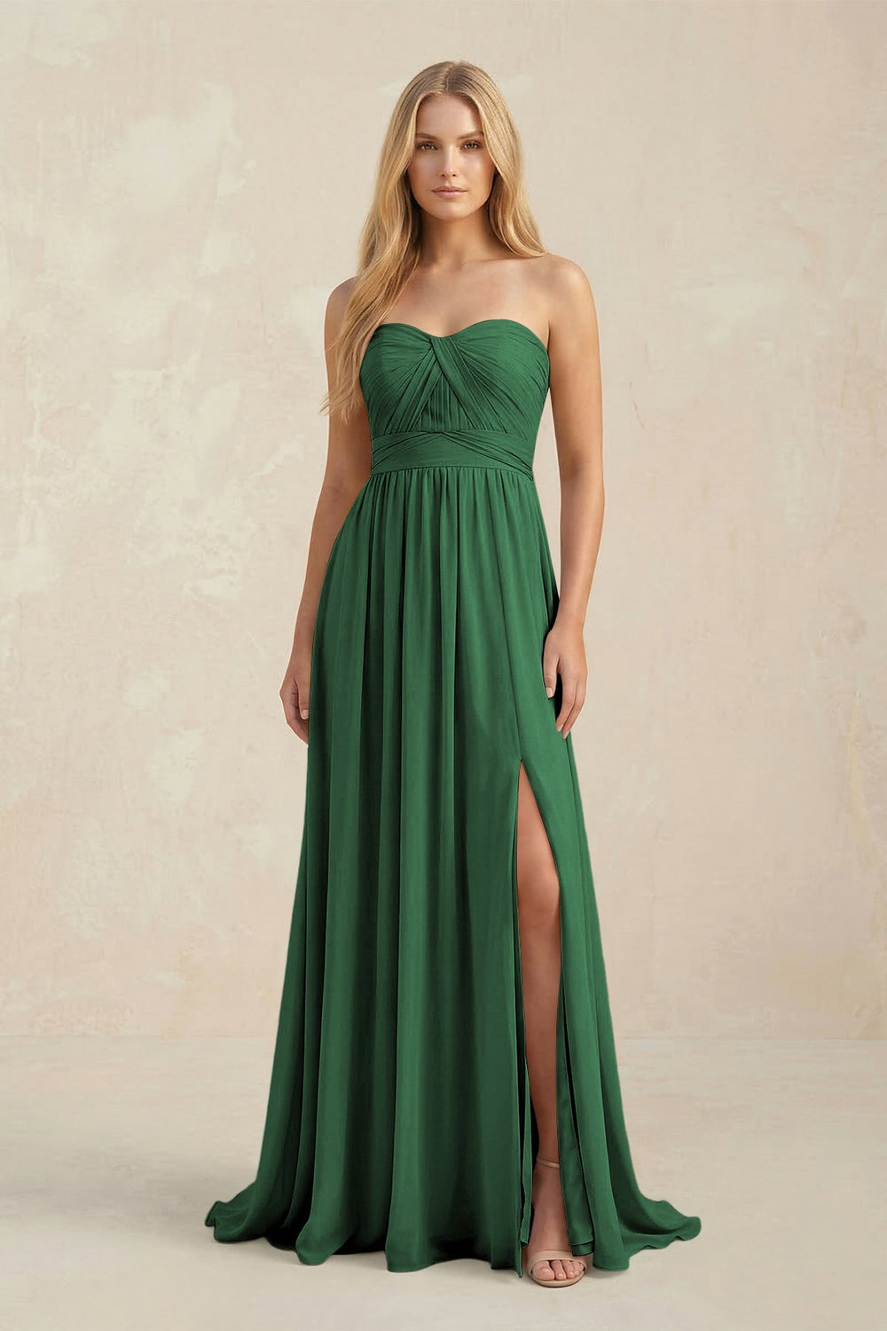 Strapless A - Line Pleated Chiffon Bridesmaid Dress With Slit in Dark Green - KISS BRIDAL Bridesmaid Dresses