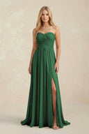 Strapless A - Line Pleated Chiffon Bridesmaid Dress With Slit in Dark Green - SHE IS ME Bridesmaid Dresses