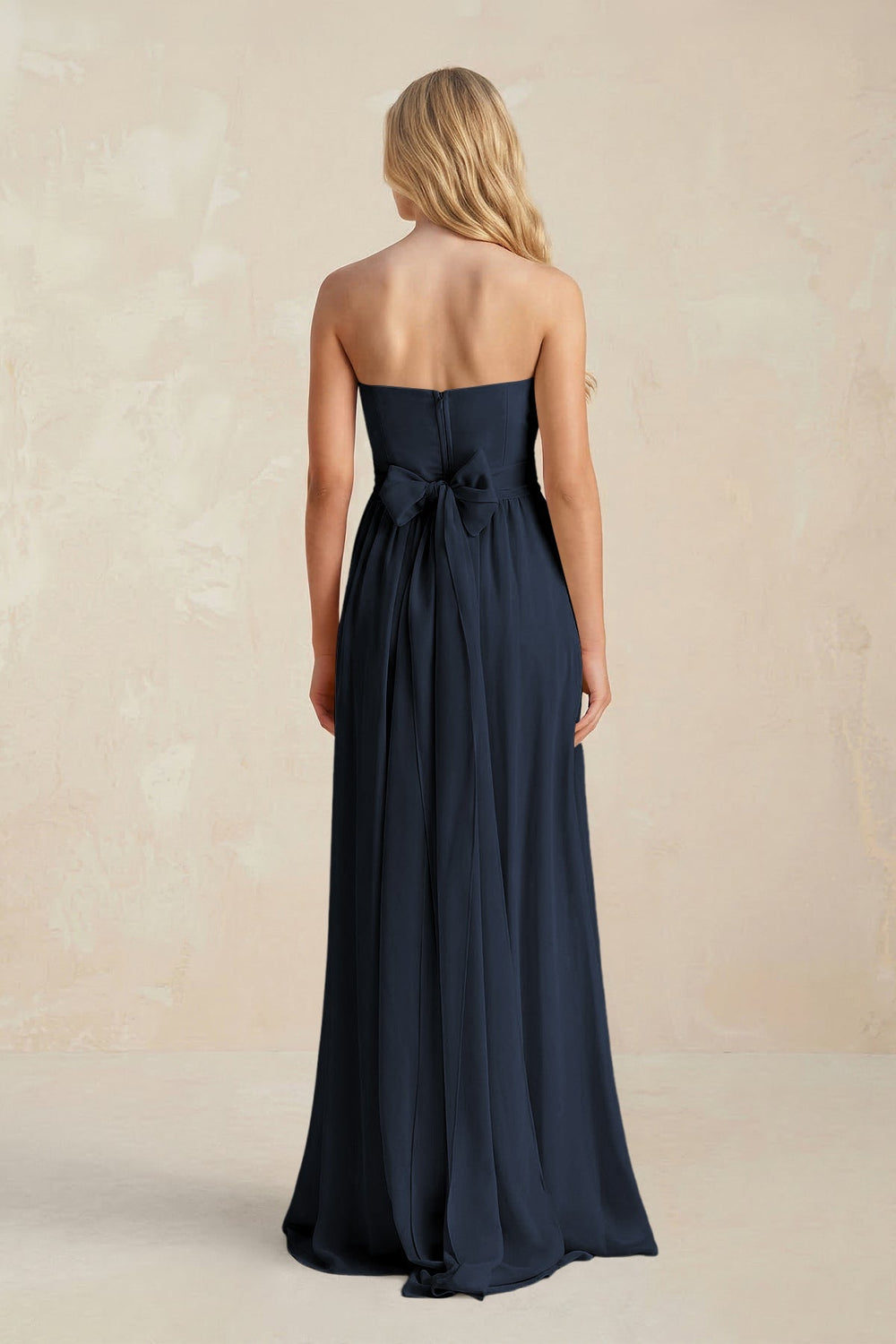 Strapless A - Line Pleated Chiffon Bridesmaid Dress With Slit in Dark Navy - KISS BRIDAL Bridesmaid Dresses
