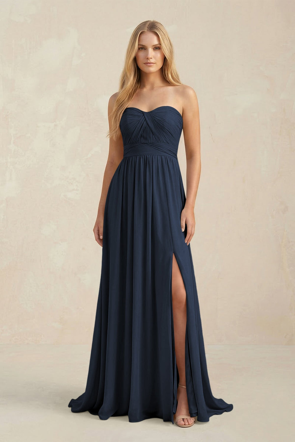 Strapless A - Line Pleated Chiffon Bridesmaid Dress With Slit in Dark Navy - KISS BRIDAL Bridesmaid Dresses