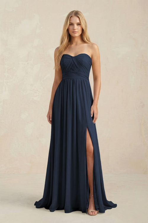 Strapless A - Line Pleated Chiffon Bridesmaid Dress With Slit in Dark Navy - SHE IS ME Bridesmaid Dresses