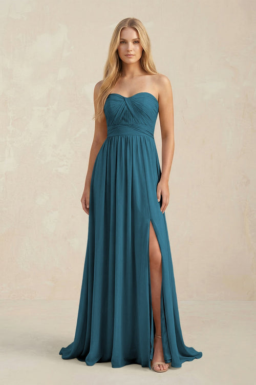 Strapless A - Line Pleated Chiffon Bridesmaid Dress With Slit in Dark Teal - SHE IS ME Bridesmaid Dresses
