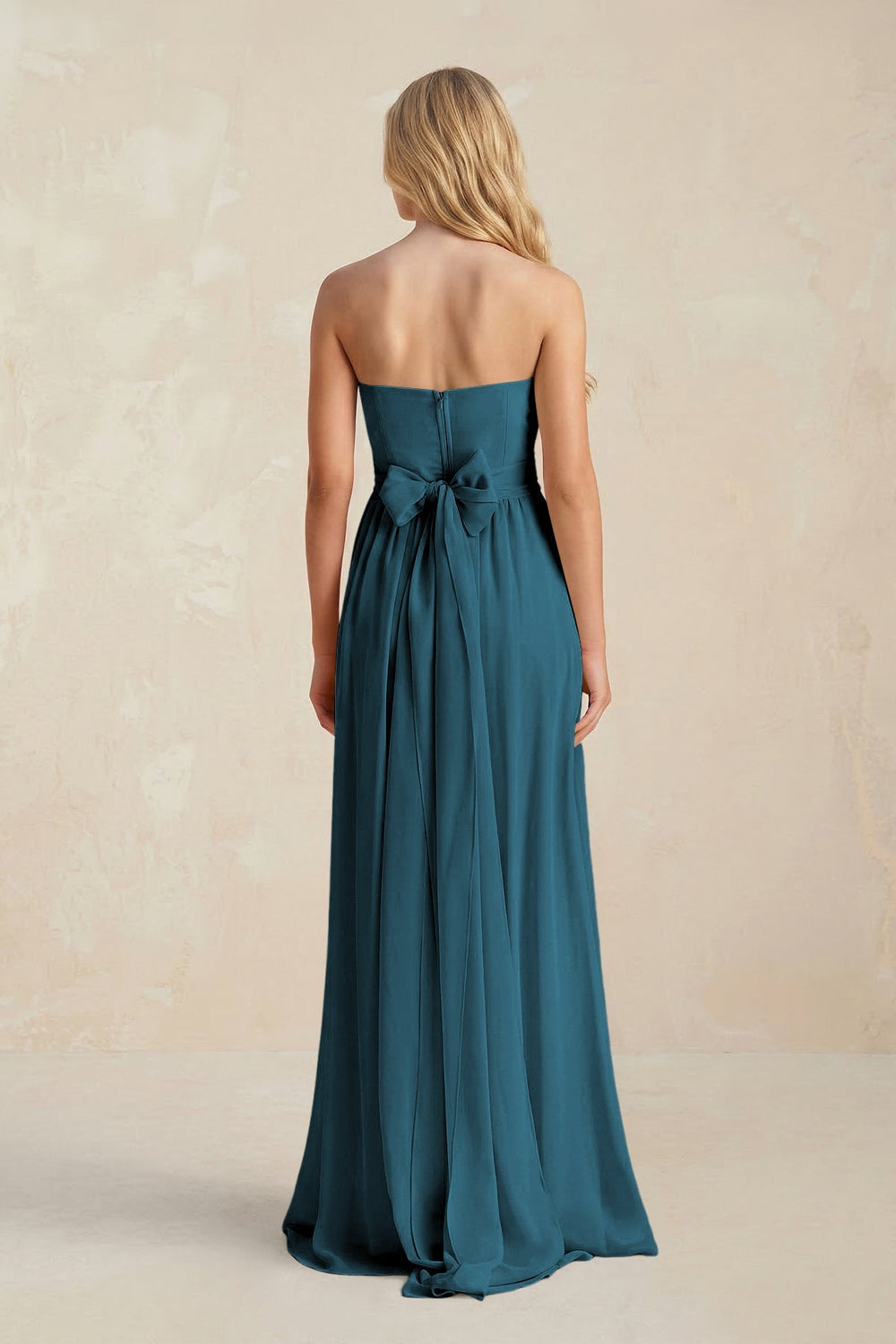 Strapless A - Line Pleated Chiffon Bridesmaid Dress With Slit in Dark Teal - KISS BRIDAL Bridesmaid Dresses