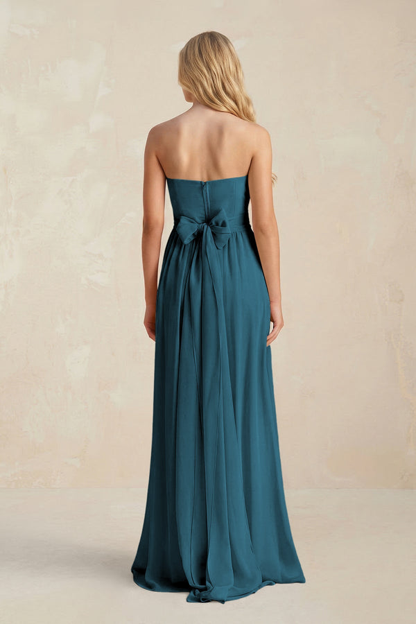 Strapless A - Line Pleated Chiffon Bridesmaid Dress With Slit in Dark Teal - SHE IS ME Bridesmaid Dresses