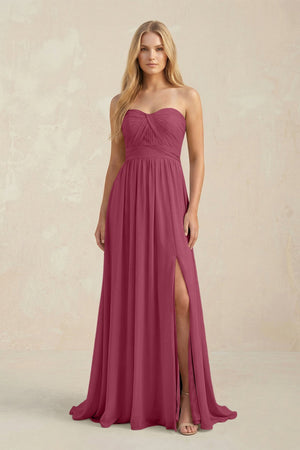 Strapless A - Line Pleated Chiffon Bridesmaid Dress With Slit in Desert Rose - SHE IS ME Bridesmaid Dresses