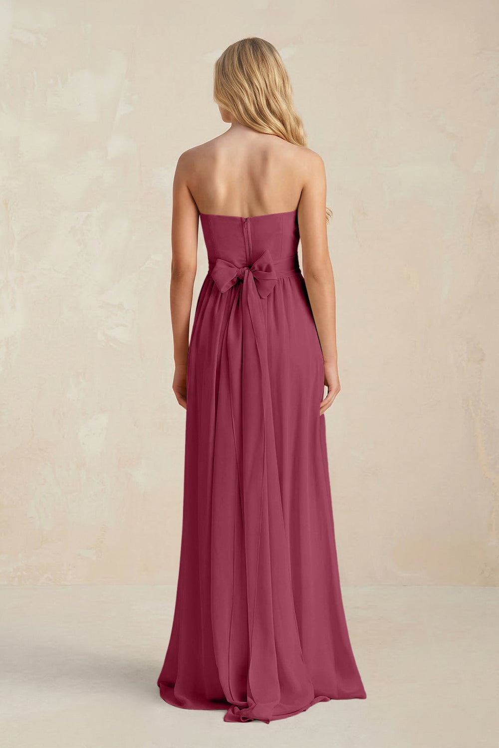 Strapless A - Line Pleated Chiffon Bridesmaid Dress With Slit in Desert Rose - KISS BRIDAL Bridesmaid Dresses