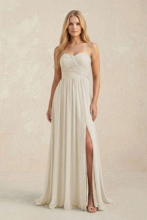 Strapless A - Line Pleated Chiffon Bridesmaid Dress With Slit in Dove Gray - SHE IS ME Bridesmaid Dresses
