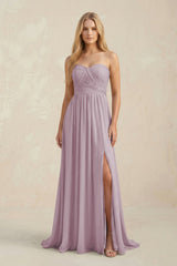 Strapless A - Line Pleated Chiffon Bridesmaid Dress With Slit in Dusk - KISS BRIDAL Bridesmaid Dresses