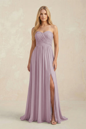 Strapless A - Line Pleated Chiffon Bridesmaid Dress With Slit in Dusk - SHE IS ME Bridesmaid Dresses