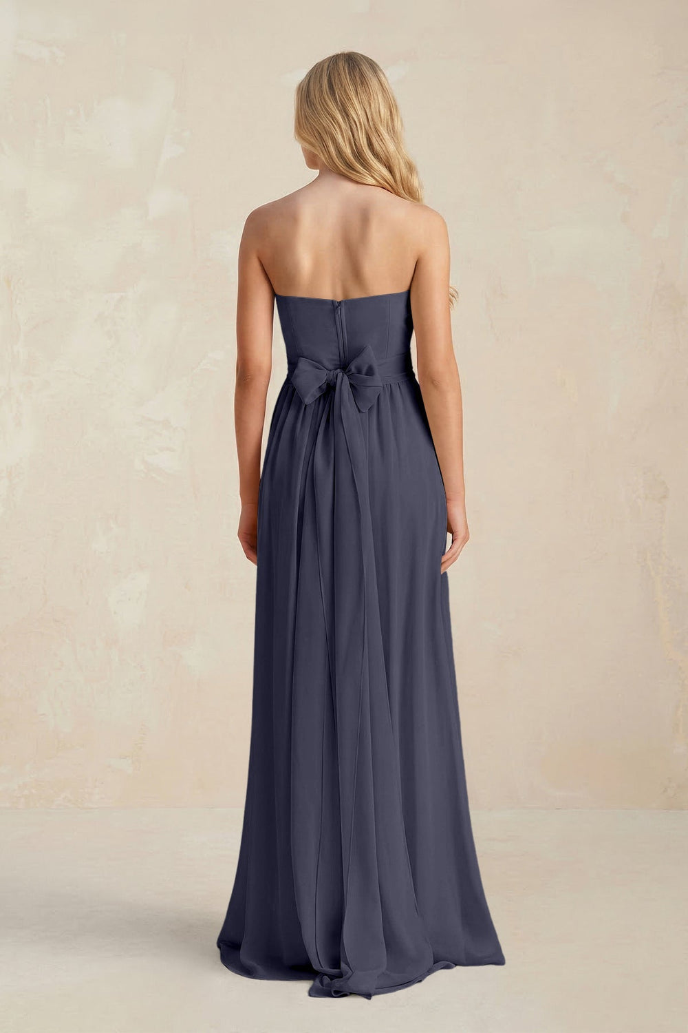 Strapless A - Line Pleated Chiffon Bridesmaid Dress With Slit in Dusk Blue - KISS BRIDAL Bridesmaid Dresses