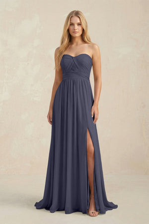 Strapless A - Line Pleated Chiffon Bridesmaid Dress With Slit in Dusk Blue - SHE IS ME Bridesmaid Dresses