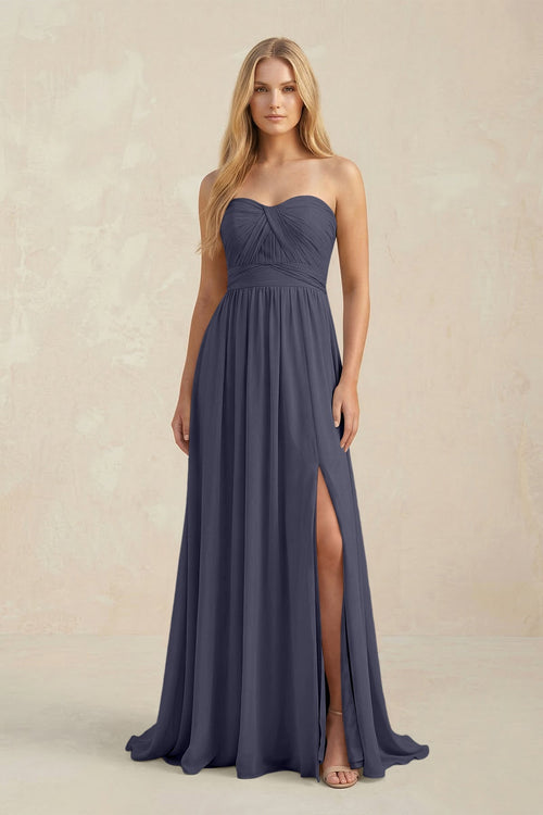 Strapless A - Line Pleated Chiffon Bridesmaid Dress With Slit in Dusk Blue - SHE IS ME Bridesmaid Dresses