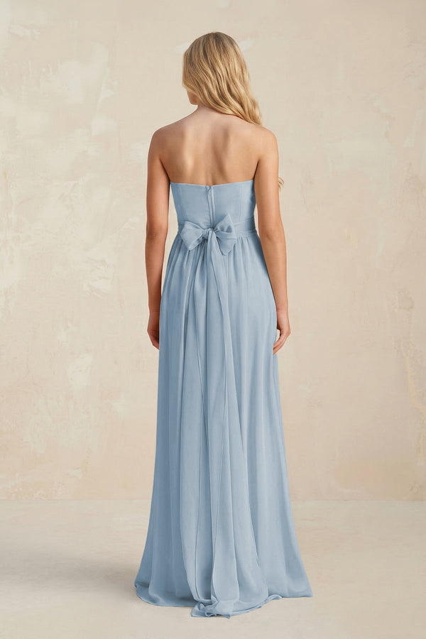 Strapless A - Line Pleated Chiffon Bridesmaid Dress With Slit in Dusty Blue - SHE IS ME Bridesmaid Dresses