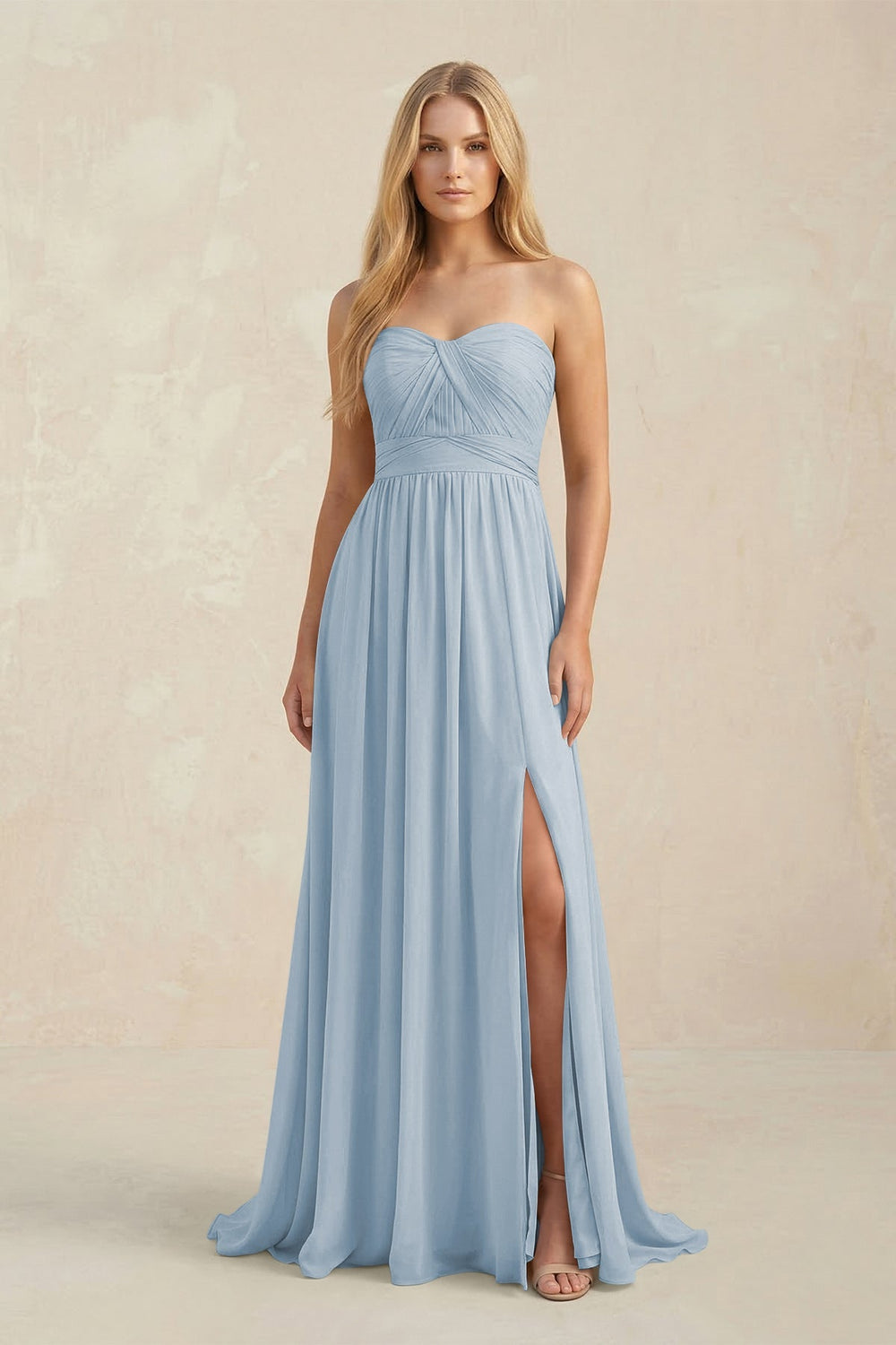 Strapless A - Line Pleated Chiffon Bridesmaid Dress With Slit in Dusty Blue - KISS BRIDAL Bridesmaid Dresses