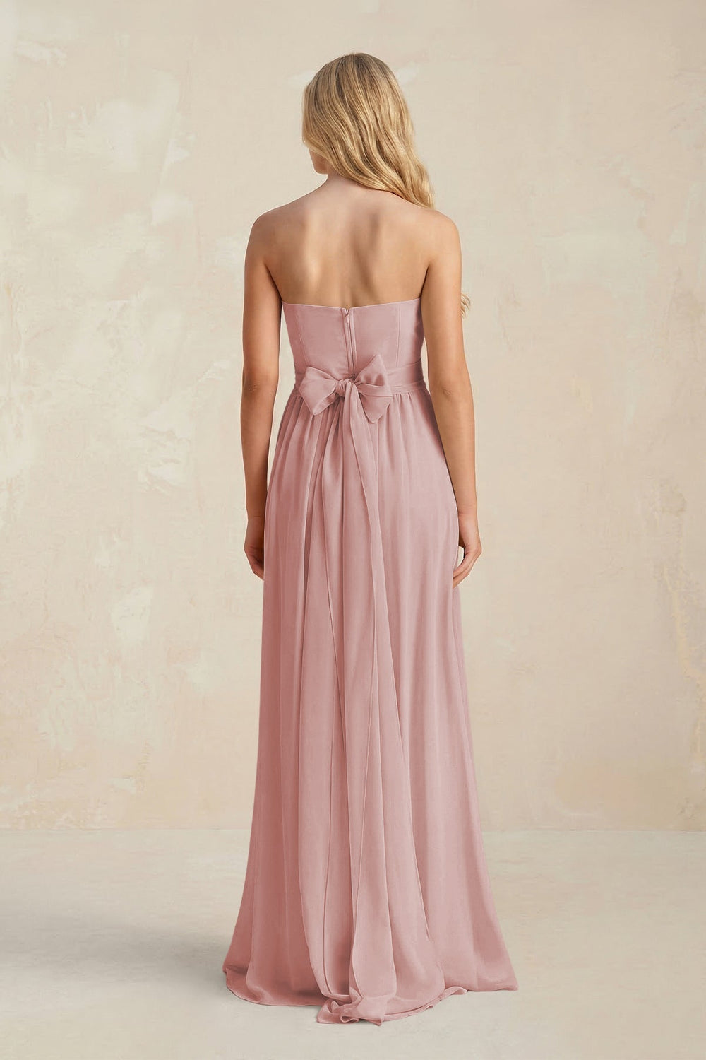 Strapless A - Line Pleated Chiffon Bridesmaid Dress With Slit in Dusty Rose - KISS BRIDAL Bridesmaid Dresses