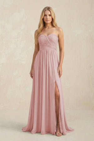 Strapless A - Line Pleated Chiffon Bridesmaid Dress With Slit in Dusty Rose - SHE IS ME Bridesmaid Dresses