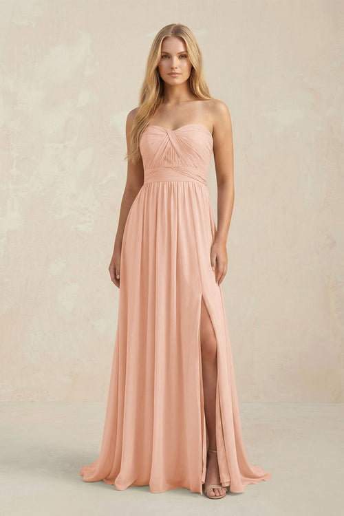 Strapless A - Line Pleated Chiffon Bridesmaid Dress With Slit in English Rose - SHE IS ME Bridesmaid Dresses