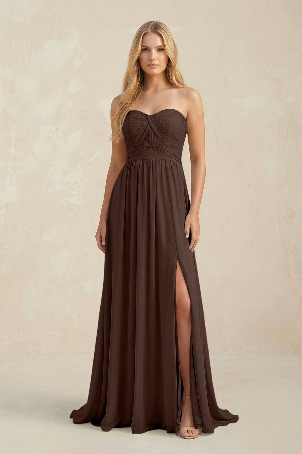 Strapless A - Line Pleated Chiffon Bridesmaid Dress With Slit in Espresso - KISS BRIDAL Bridesmaid Dresses