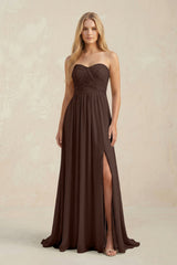 Strapless A - Line Pleated Chiffon Bridesmaid Dress With Slit in Espresso - KISS BRIDAL Bridesmaid Dresses