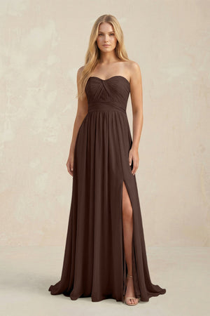 Strapless A - Line Pleated Chiffon Bridesmaid Dress With Slit in Espresso - SHE IS ME Bridesmaid Dresses