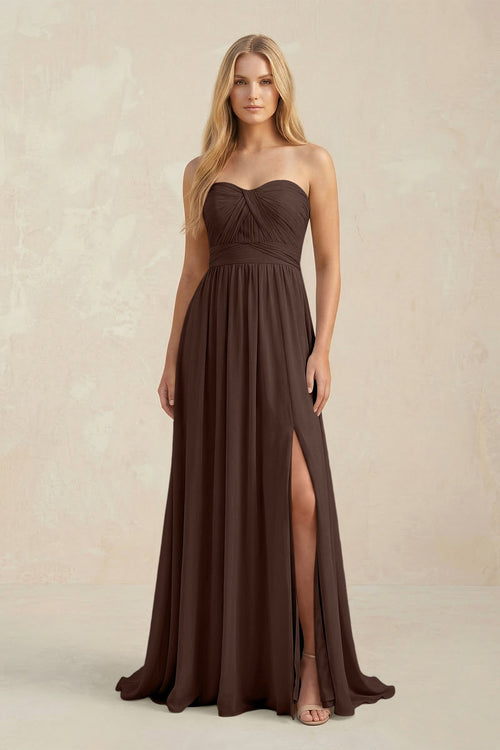 Strapless A - Line Pleated Chiffon Bridesmaid Dress With Slit in Espresso - SHE IS ME Bridesmaid Dresses