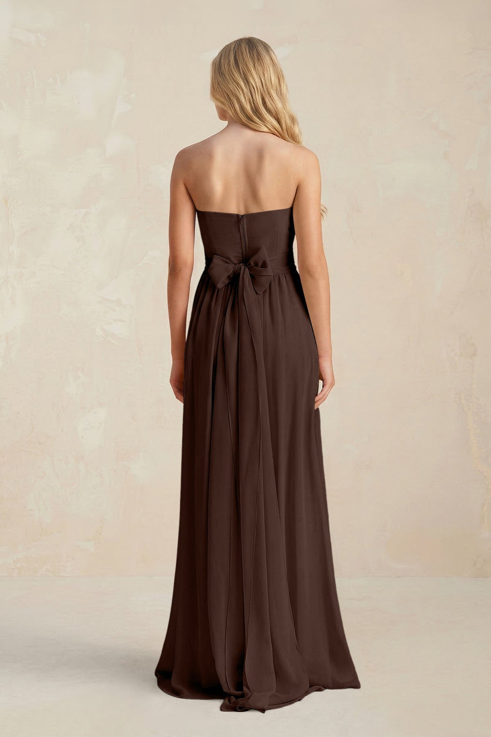 Strapless A - Line Pleated Chiffon Bridesmaid Dress With Slit in Espresso - KISS BRIDAL Bridesmaid Dresses