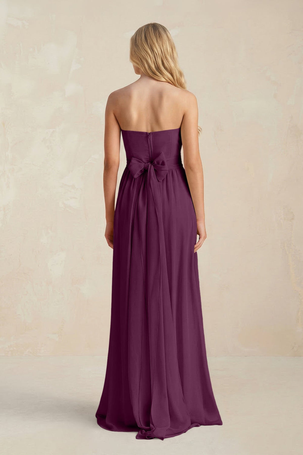Strapless A - Line Pleated Chiffon Bridesmaid Dress With Slit in Fig - KISS BRIDAL Bridesmaid Dresses