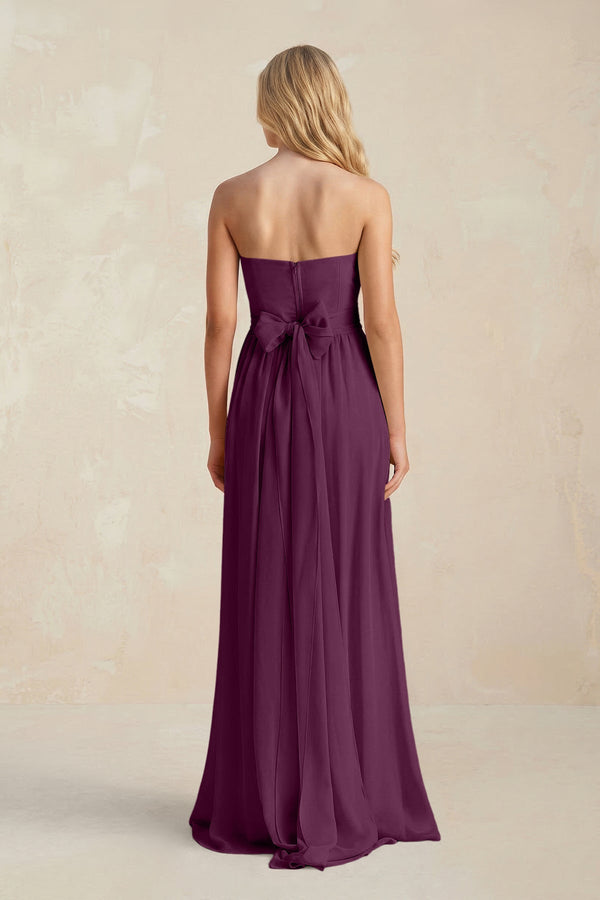 Strapless A - Line Pleated Chiffon Bridesmaid Dress With Slit in Fig - SHE IS ME Bridesmaid Dresses