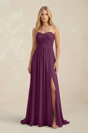 Strapless A - Line Pleated Chiffon Bridesmaid Dress With Slit in Fig - SHE IS ME Bridesmaid Dresses