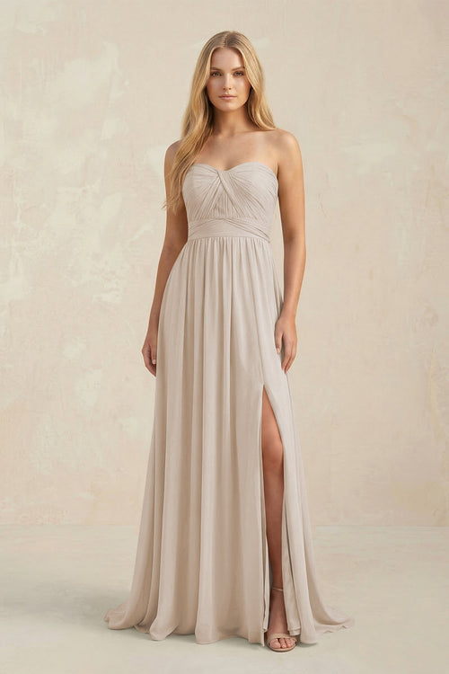 Strapless A - Line Pleated Chiffon Bridesmaid Dress With Slit in Frost - SHE IS ME Bridesmaid Dresses