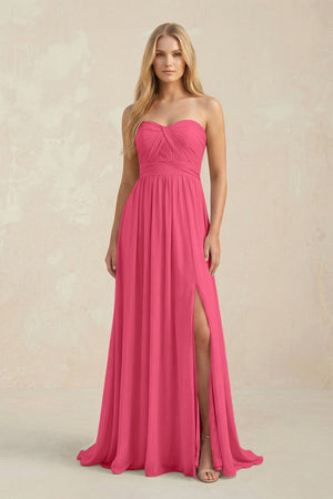 Strapless A - Line Pleated Chiffon Bridesmaid Dress With Slit in Fuchsia - SHE IS ME Bridesmaid Dresses